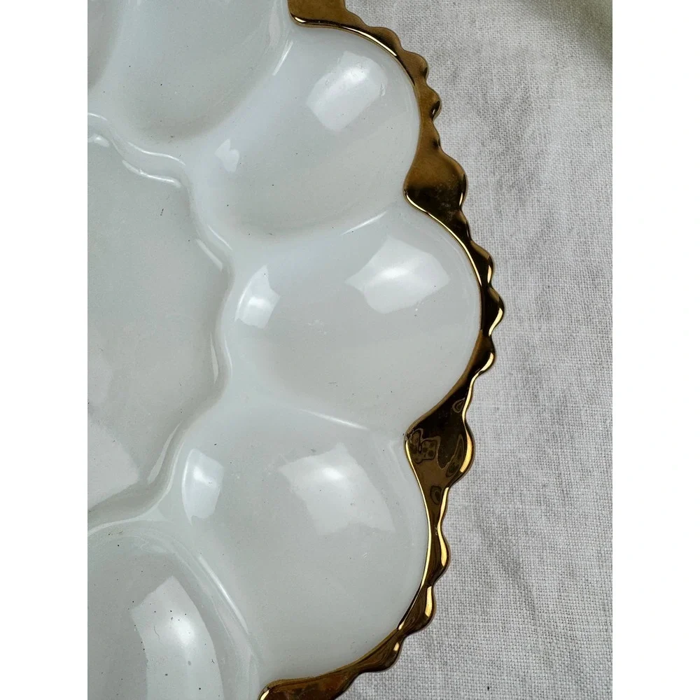 Vintage Milk Glass Deviled Egg Platter Gold Encrusted Scalloped Rim 10 Inch Tray